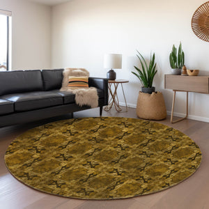 HomeRoots 8' Chocolate and Gold Floral Medallion Washable Round Rug with UV Protection for Timeless Style 649471