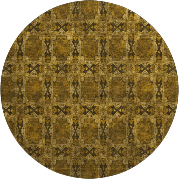 HomeRoots 8' Chocolate and Gold Floral Medallion Washable Round Rug with UV Protection for Timeless Style 649471