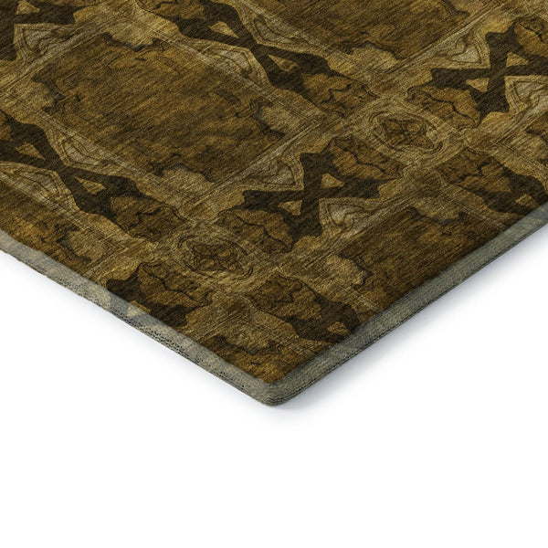 HomeRoots 8' Chocolate and Gold Floral Medallion Washable Round Rug with UV Protection for Timeless Style 649471