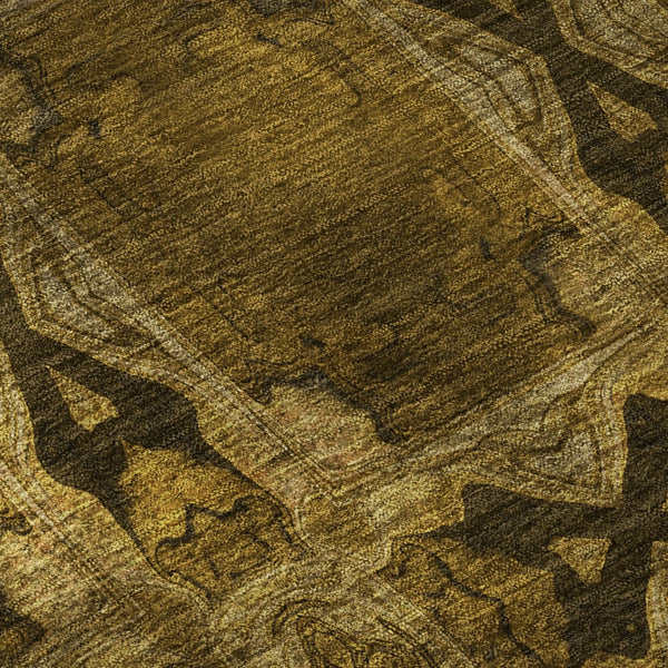 HomeRoots 8' Chocolate and Gold Floral Medallion Washable Round Rug with UV Protection for Timeless Style 649471