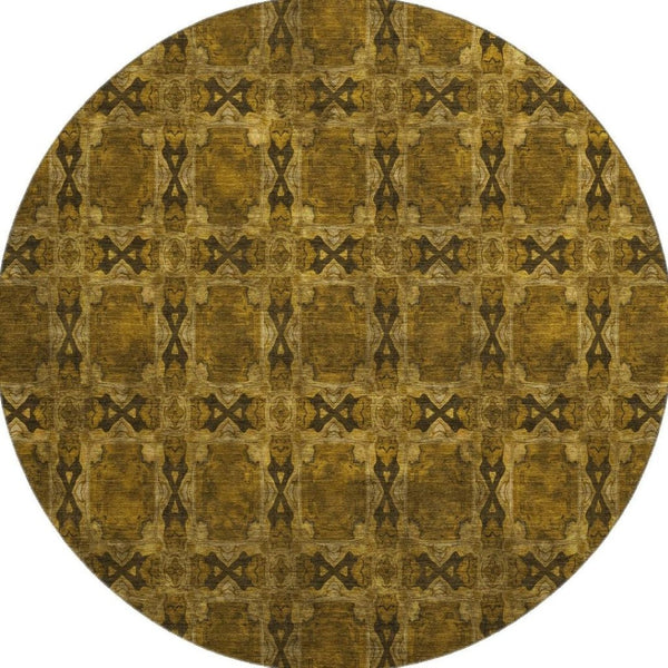 HomeRoots 8' Chocolate and Gold Floral Medallion Washable Round Rug with UV Protection for Timeless Style 649471