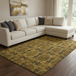 HomeRoots 9' X 12' Chocolate & Gold Floral Medallion Washable Rug – Stain-Resistant with UV Protection! 649473