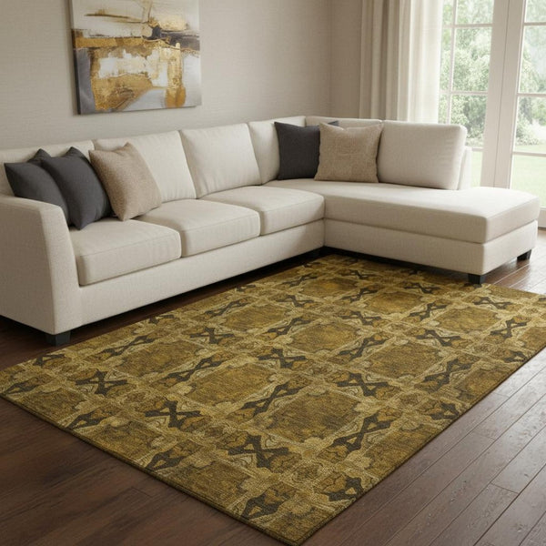 HomeRoots 9' X 12' Chocolate & Gold Floral Medallion Washable Rug – Stain-Resistant with UV Protection! 649473