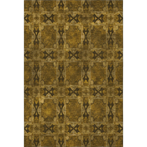 HomeRoots 9' X 12' Chocolate & Gold Floral Medallion Washable Rug – Stain-Resistant with UV Protection! 649473
