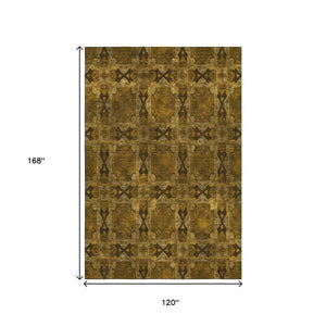 HomeRoots 10' X 14' Chocolate and Gold Floral Medallion Area Rug - Washable, UV Protected & Kid-Friendly Decor 649474