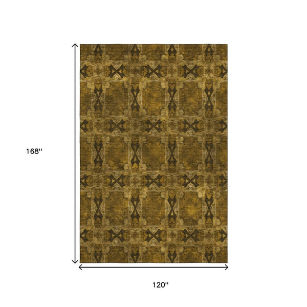 HomeRoots 10' X 14' Chocolate and Gold Floral Medallion Area Rug - Washable, UV Protected & Kid-Friendly Decor 649474