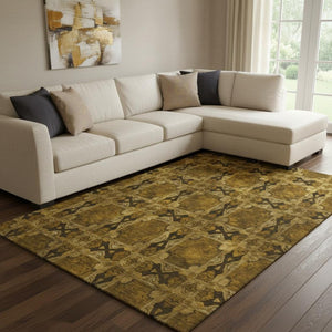HomeRoots 10' X 14' Chocolate and Gold Floral Medallion Area Rug - Washable, UV Protected & Kid-Friendly Decor 649474