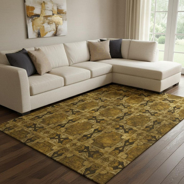 HomeRoots 10' X 14' Chocolate and Gold Floral Medallion Area Rug - Washable, UV Protected & Kid-Friendly Decor 649474