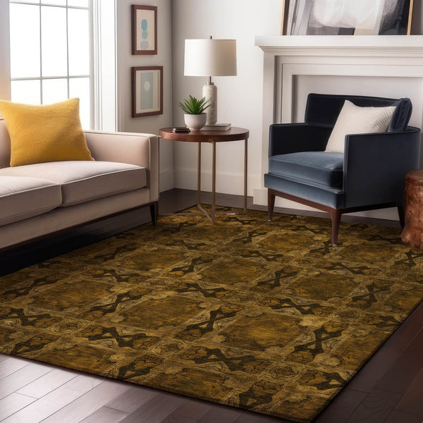 HomeRoots 10' X 14' Chocolate and Gold Floral Medallion Area Rug - Washable, UV Protected & Kid-Friendly Decor 649474