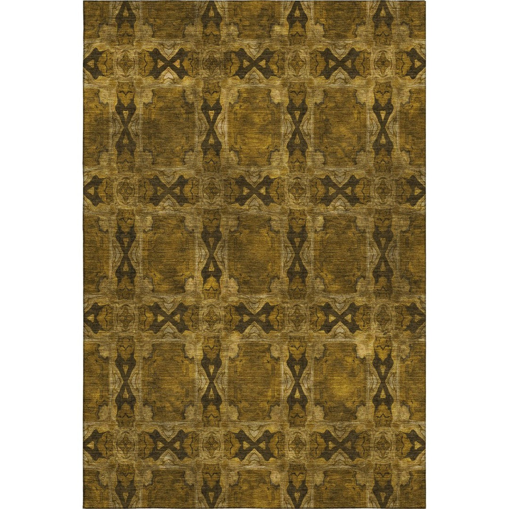 HomeRoots 10' X 14' Chocolate and Gold Floral Medallion Area Rug - Washable, UV Protected & Kid-Friendly Decor 649474