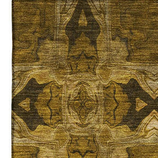 HomeRoots 10' X 14' Chocolate and Gold Floral Medallion Area Rug - Washable, UV Protected & Kid-Friendly Decor 649474