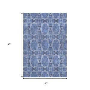 HomeRoots 5' X 8' Denim Blue & Ivory Floral Medallion Area Rug – Durable, UV-Protected & Stain-Resistant Design 649476