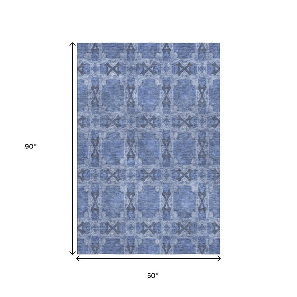 HomeRoots 5' X 8' Denim Blue & Ivory Floral Medallion Area Rug – Durable, UV-Protected & Stain-Resistant Design 649476