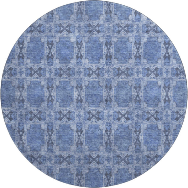 HomeRoots 8' Denim Blue Floral Medallion Round Rug - Stylish, Durable, UV-Protected, Easy-Care Home Essential 649477