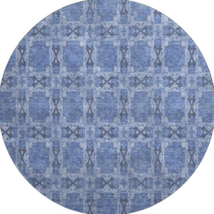 HomeRoots 8' Denim Blue Floral Medallion Round Rug - Stylish, Durable, UV-Protected, Easy-Care Home Essential 649477
