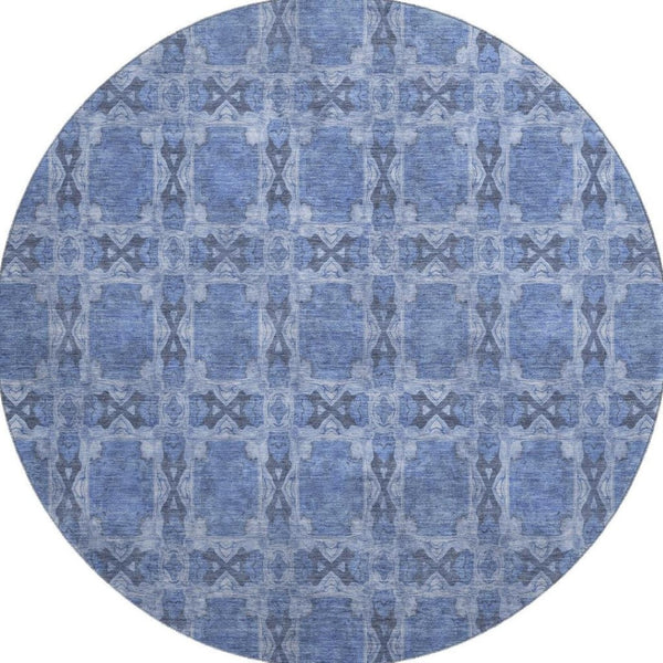 HomeRoots 8' Denim Blue Floral Medallion Round Rug - Stylish, Durable, UV-Protected, Easy-Care Home Essential 649477