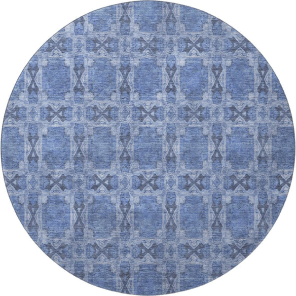 HomeRoots 8' Denim Blue Floral Medallion Round Rug - Stylish, Durable, UV-Protected, Easy-Care Home Essential 649477