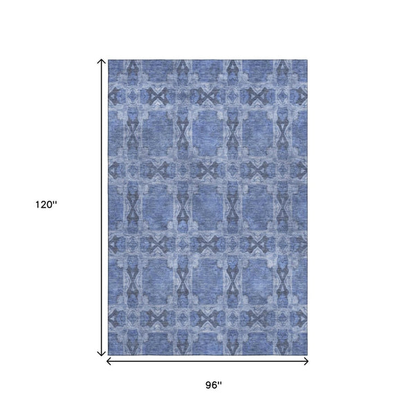 HomeRoots 8' X 10' Denim Blue Floral Medallion Area Rug - Washable, Stain Resistant, UV Protected for Durability 649478