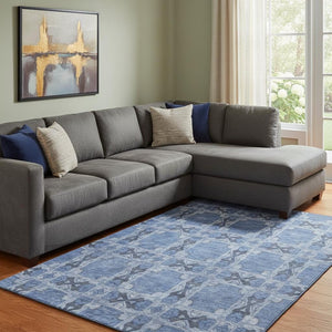 HomeRoots 8' X 10' Denim Blue Floral Medallion Area Rug - Washable, Stain Resistant, UV Protected for Durability 649478