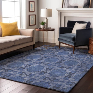 HomeRoots 9' X 12' Denim Blue Ivory Floral Medallion Area Rug – Durable, Washable, UV Protected for Busy Homes 649479