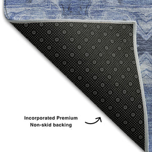 HomeRoots 9' X 12' Denim Blue Ivory Floral Medallion Area Rug – Durable, Washable, UV Protected for Busy Homes 649479