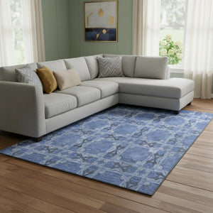 HomeRoots 9' X 12' Denim Blue Ivory Floral Medallion Area Rug – Durable, Washable, UV Protected for Busy Homes 649479
