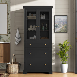 English Elm 70.1" Modern Tall Storage Cabinet with 3 Drawers, 2 Adjustable Shelves, Soft-Close Glass Doors, Gold Handles Black N729P271979B