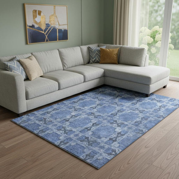 HomeRoots 10' Denim Blue & Ivory Floral Medallion Area Rug - Washable, UV Protected, Durable for Busy Homes 649480