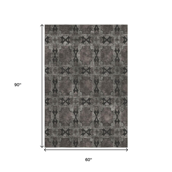 HomeRoots 5' X 8' Elegant Gray & Charcoal Floral Medallion Area Rug - Washable, UV Protected, Durable Design 649482