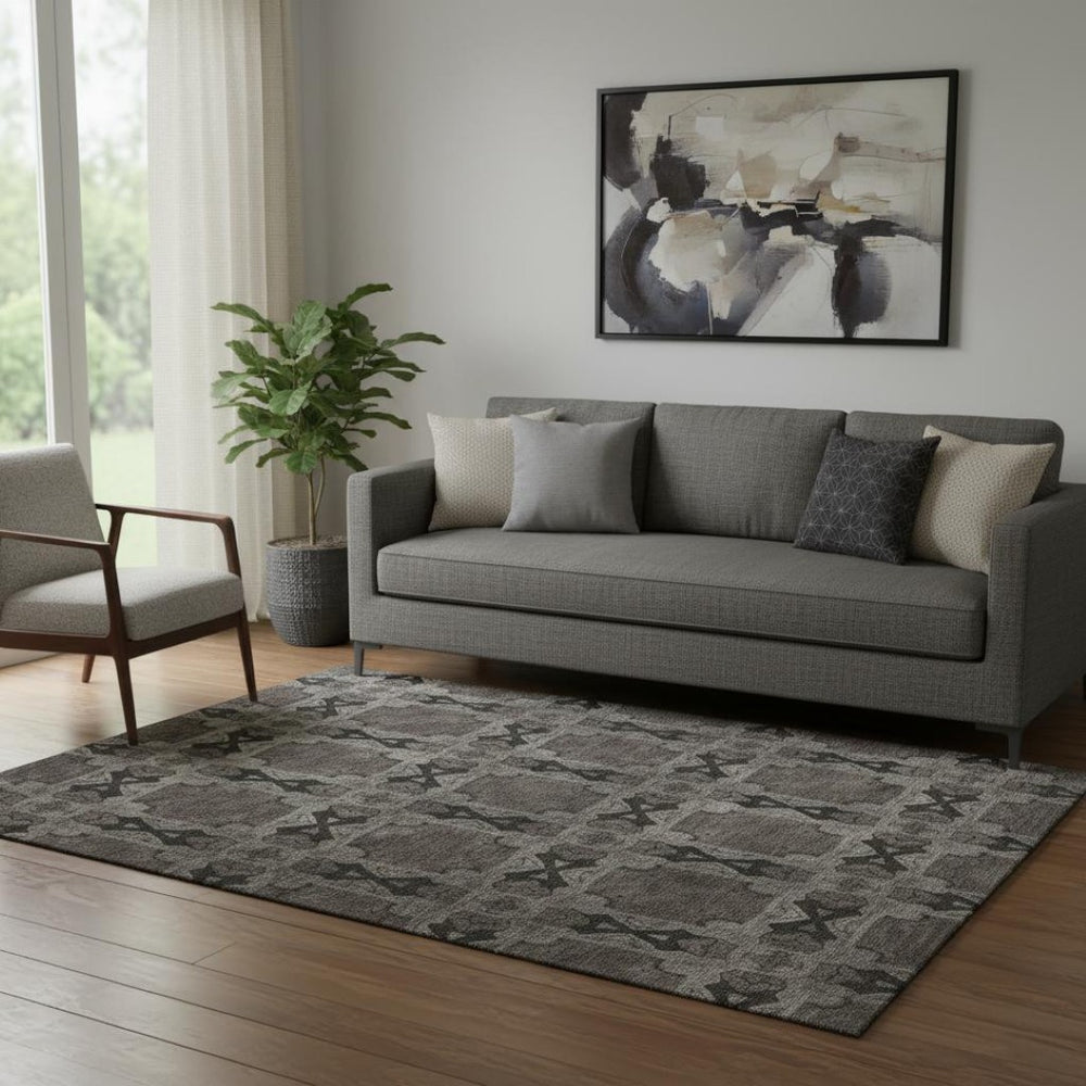 HomeRoots 5' X 8' Elegant Gray & Charcoal Floral Medallion Area Rug - Washable, UV Protected, Durable Design 649482