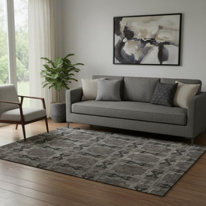 HomeRoots 5' X 8' Elegant Gray & Charcoal Floral Medallion Area Rug - Washable, UV Protected, Durable Design 649482