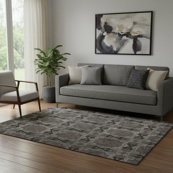 HomeRoots 5' X 8' Elegant Gray & Charcoal Floral Medallion Area Rug - Washable, UV Protected, Durable Design 649482