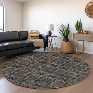 HomeRoots 8' Gray and Charcoal Floral Medallion Round Rug - Washable, UV Protected, Perfect for Homes & Outdoors 649483