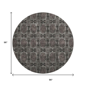 HomeRoots 8' Gray and Charcoal Floral Medallion Round Rug - Washable, UV Protected, Perfect for Homes & Outdoors 649483
