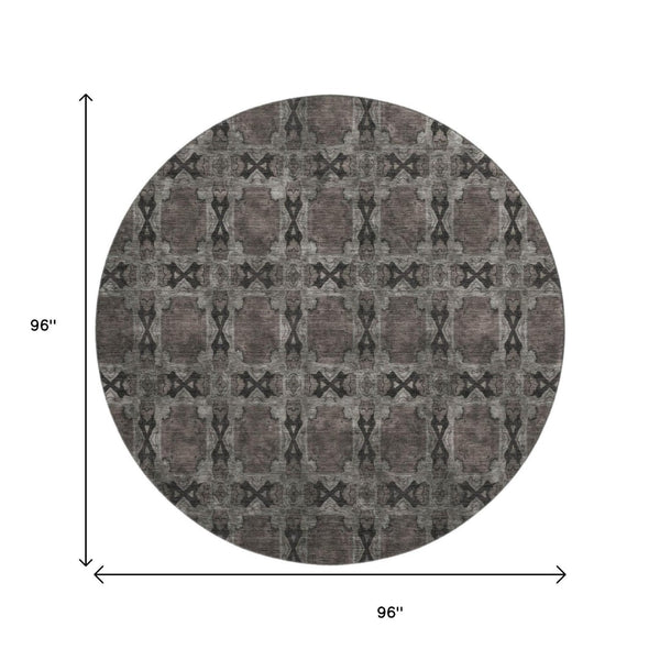 HomeRoots 8' Gray and Charcoal Floral Medallion Round Rug - Washable, UV Protected, Perfect for Homes & Outdoors 649483