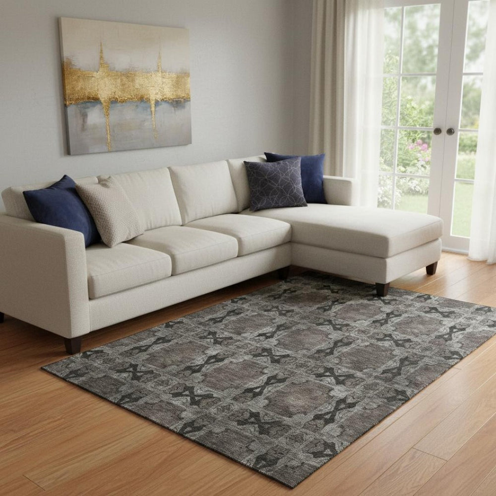HomeRoots 8' X 10' Stunning Gray Charcoal Floral Medallion Area Rug – Washable, UV Protected & Stain Resistant 649484