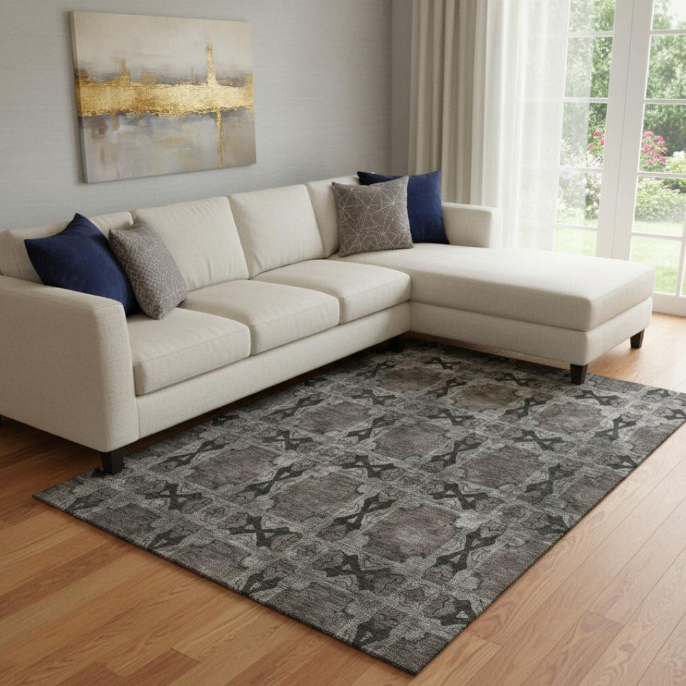 HomeRoots 9' X 12' Gray And Charcoal Floral Medallion Area Rug - Durable, Stain-Resistant, UV Protected Style 649485