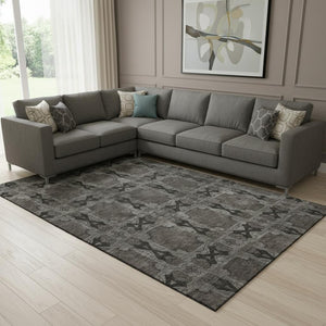 HomeRoots 10' X 14' Gray Floral Medallion Area Rug – Washable, UV-Protected, Perfect for High-Traffic Spaces! 649486