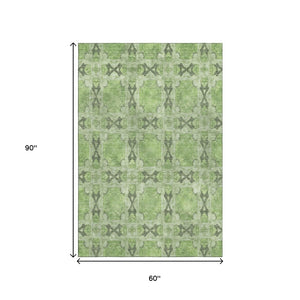 HomeRoots 5' X 8' Floral Medallion Area Rug in Green, Gray & Ivory - Washable, Stain Resistant & UV Protected 649488