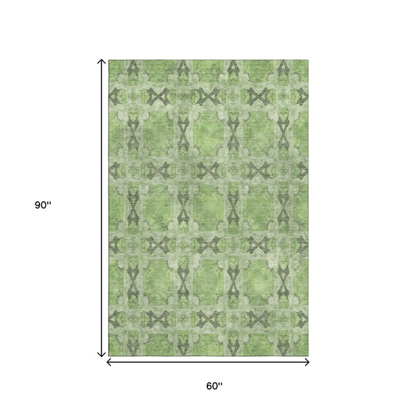 HomeRoots 5' X 8' Floral Medallion Area Rug in Green, Gray & Ivory - Washable, Stain Resistant & UV Protected 649488