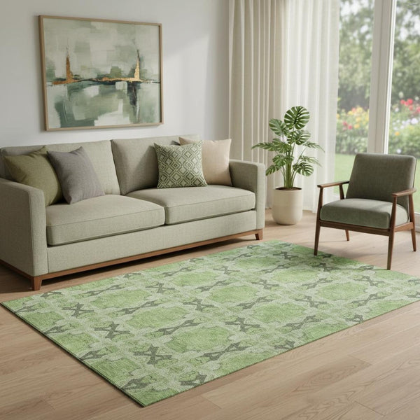 HomeRoots 5' X 8' Floral Medallion Area Rug in Green, Gray & Ivory - Washable, Stain Resistant & UV Protected 649488