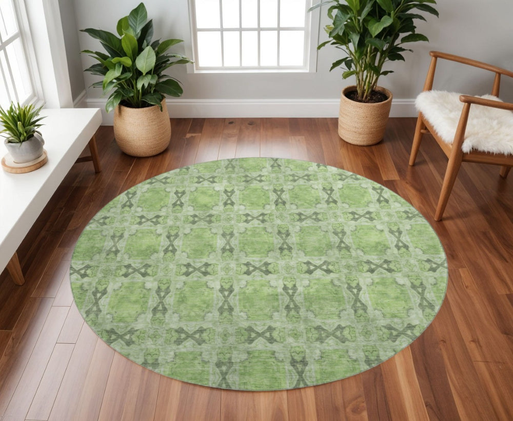 HomeRoots 8' Green Gray Ivory Floral Medallion Round Rug - Washable, UV-Protected, Durable & Stylish Decor 649489