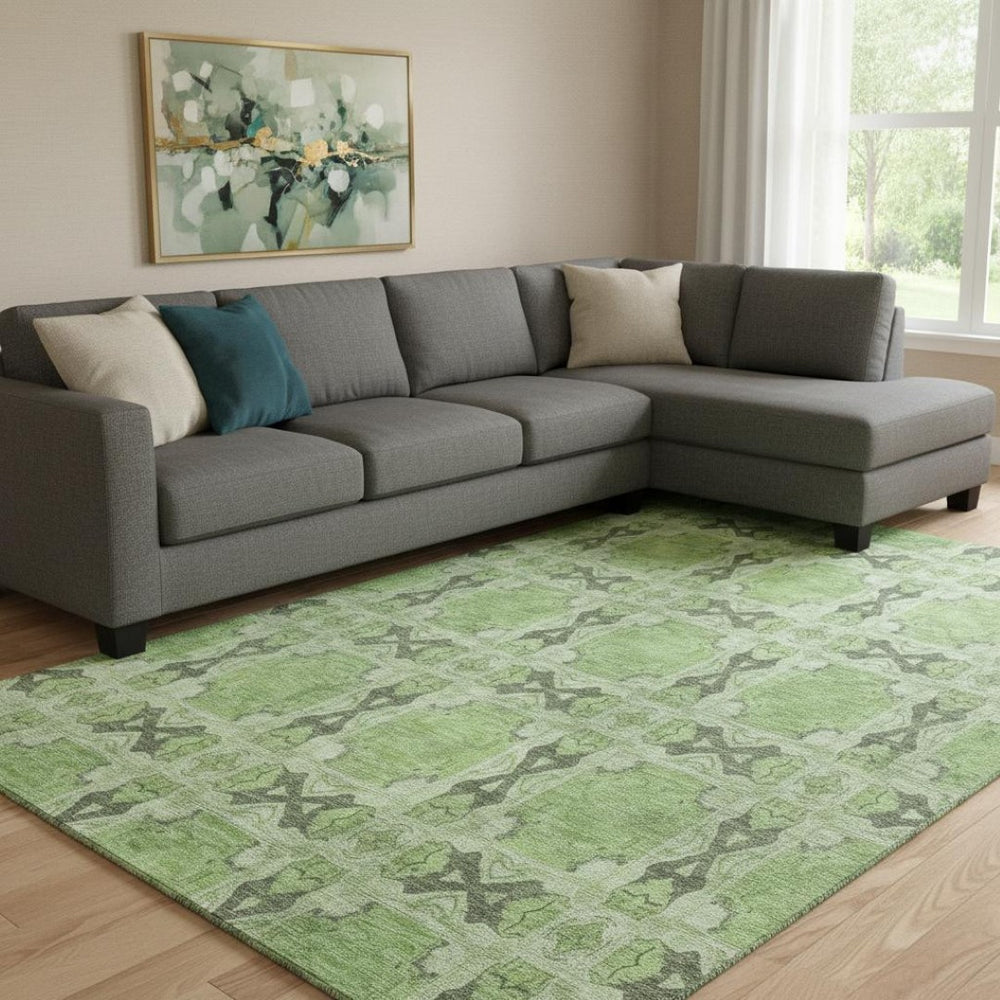 HomeRoots 8' X 10' Floral Medallion Area Rug in Green, Gray & Ivory – Washable, UV Protected, Durable Design! 649490
