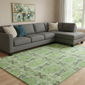 HomeRoots 8' X 10' Floral Medallion Area Rug in Green, Gray & Ivory – Washable, UV Protected, Durable Design! 649490