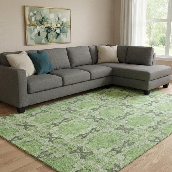 HomeRoots 8' X 10' Floral Medallion Area Rug in Green, Gray & Ivory – Washable, UV Protected, Durable Design! 649490