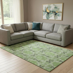 HomeRoots 9' X 12' Washable Floral Medallion Area Rug – Green, Gray, Ivory, UV-Protected & Stain-Resistant 649491