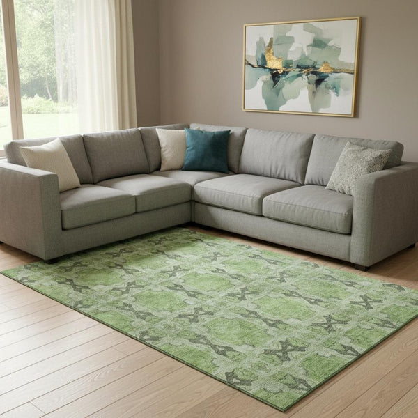 HomeRoots 9' X 12' Washable Floral Medallion Area Rug – Green, Gray, Ivory, UV-Protected & Stain-Resistant 649491
