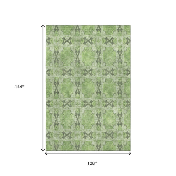 HomeRoots 9' X 12' Washable Floral Medallion Area Rug – Green, Gray, Ivory, UV-Protected & Stain-Resistant 649491