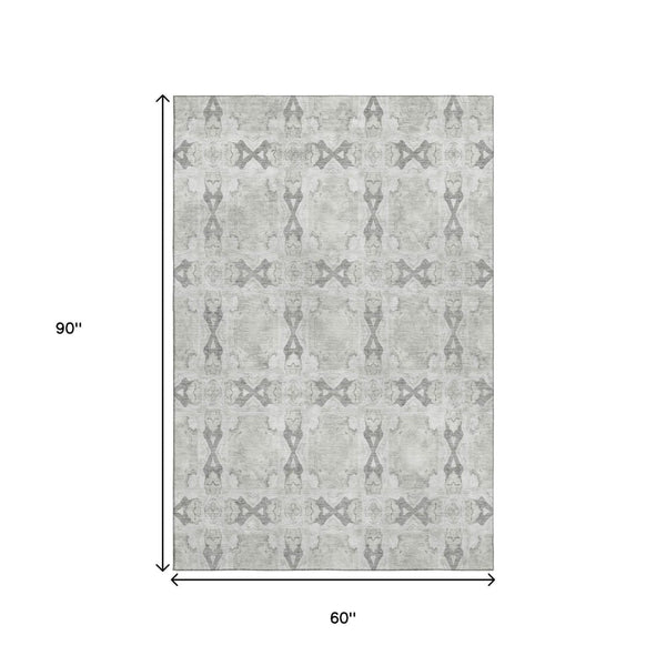 HomeRoots 5' X 8' Ivory and Gray Floral Medallion Area Rug - Washable, UV-Protected, Perfect for Any Room! 649494