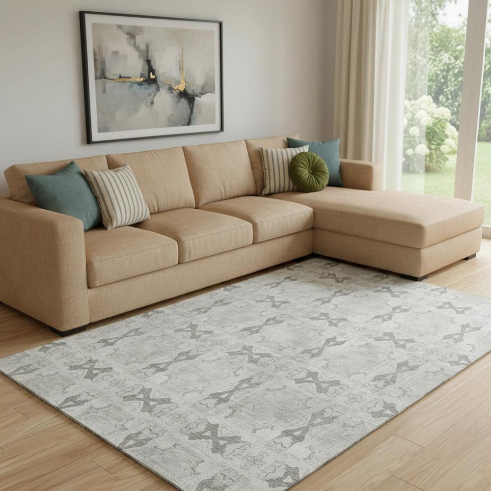 HomeRoots 8' X 10' Elegant Ivory & Gray Floral Medallion Area Rug - Washable, UV Protected, Kid & Pet Friendly! 649496